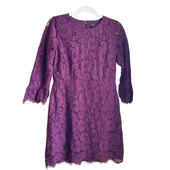 Ann Taylor Women's Purple Lace 3/4 Length Sleeve Dress Size 6 Petite Frayed Hem - Picture 2 of 10